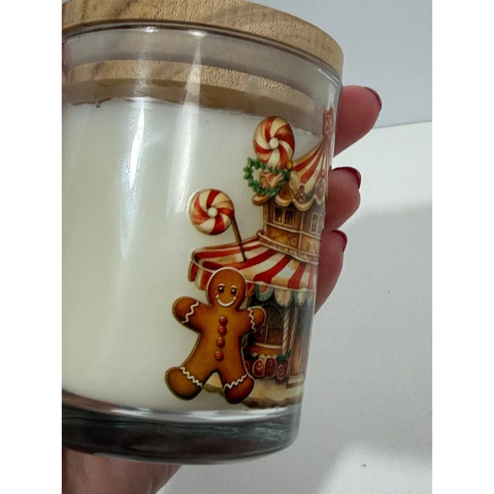Gingerbread Scented Candle Glass Jar Christmas Carousel Gingerbread Man Wood Lid